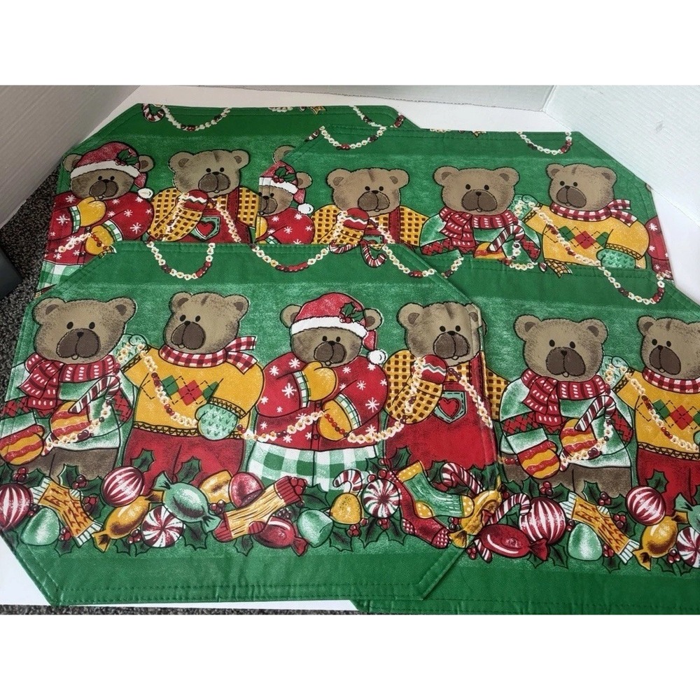 Kmart Trim A Home Christmas Vinyl Placemats 18" X 13" Bears Border Lot Of 4
